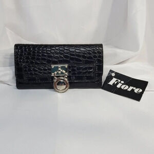 Fiore Black Croc Embossed Wallet With Silver Toned Faux Lock Embellishment NWT